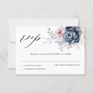 Dusty Blue Mauve Roos Pink Slate Floral Wedding RSVP Kaartje