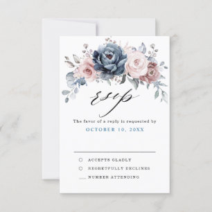 Dusty Blue Mauve Roos Pink Slate Floral Wedding RSVP Kaartje