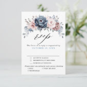 Dusty Blue Mauve Roos Pink Slate Floral Wedding RSVP Kaartje (Staand voorkant)
