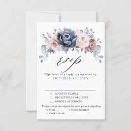 Dusty Blue Mauve Roos Pink Slate Floral Wedding RSVP Kaartje
