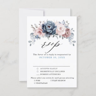 Dusty Blue Mauve Roos Pink Slate Floral Wedding RSVP Kaartje