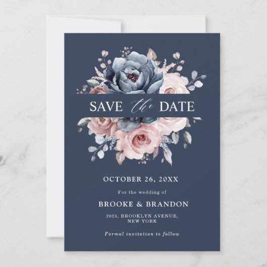 Dusty Blue Mauve Roos Pink Slate Floral Wedding S Save The Date (Voorkant)