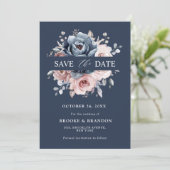 Dusty Blue Mauve Roos Pink Slate Floral Wedding S Save The Date (Staand voorkant)
