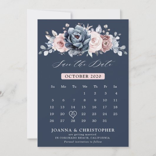Dusty Blue Mauve Roos Pink Slate Floral Wedding S Save The Date (Voorkant)
