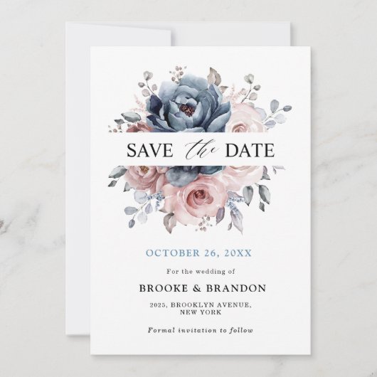 Dusty Blue Mauve Roos Pink Slate Floral Wedding Save The Date (Voorkant)