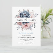 Dusty Blue Mauve Roos Pink Slate Floral Wedding Save The Date (Staand voorkant)