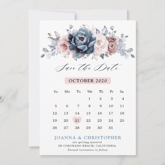Dusty Blue Mauve Roos Pink Slate Floral Wedding Save The Date (Voorkant)