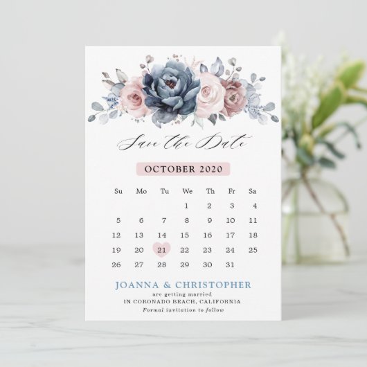 Dusty Blue Mauve Roos Pink Slate Floral Wedding Save The Date (Staand voorkant)