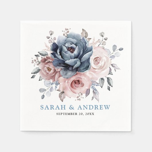 Dusty Blue Mauve Roos Pink Slate Floral Wedding Servet (Voorkant)