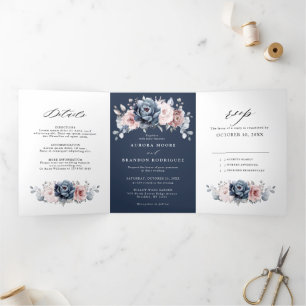 Dusty Blue Mauve Roos Pink Slate Floral Wedding T Drieluik Aankondiging