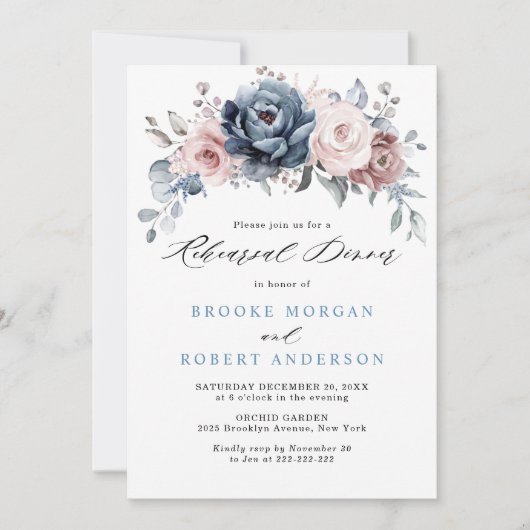 Dusty Blue Mauve Roos Pink Slate Rehearsal Dinner Kaart (Voorkant)