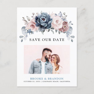 Dusty Blue Mauve Roos Pink Slate Save the Date Briefkaart