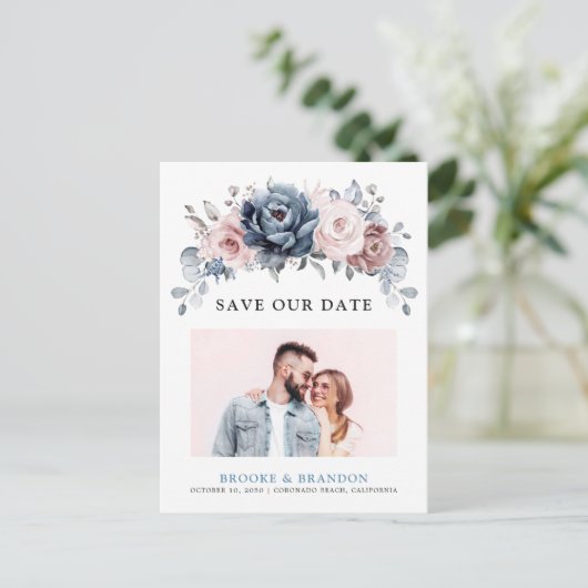 Dusty Blue Mauve Roos Pink Slate Save the Date Briefkaart (Staand voorkant)