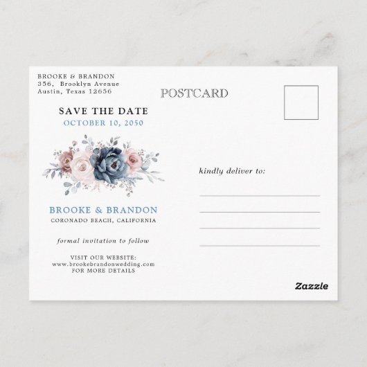 Dusty Blue Mauve Roos Pink Slate Save the Date Briefkaart (Achterkant)