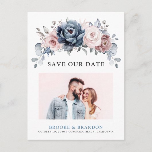 Dusty Blue Mauve Roos Pink Slate Save the Date Briefkaart (Voorkant)