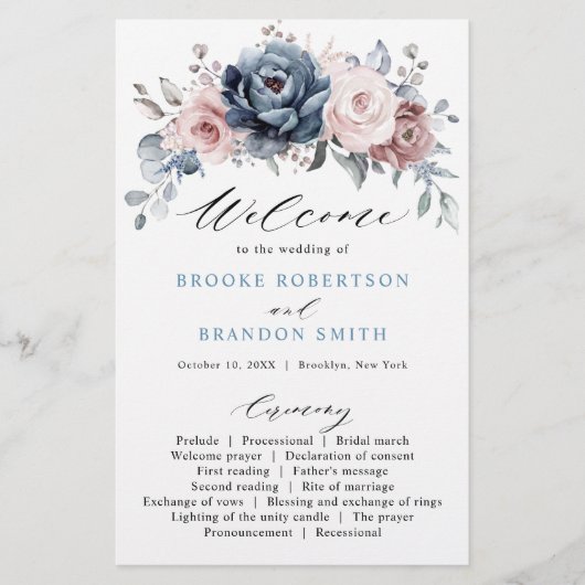 Dusty Blue Mauve Roos Pink Slate Wedding Programme (Voorkant)