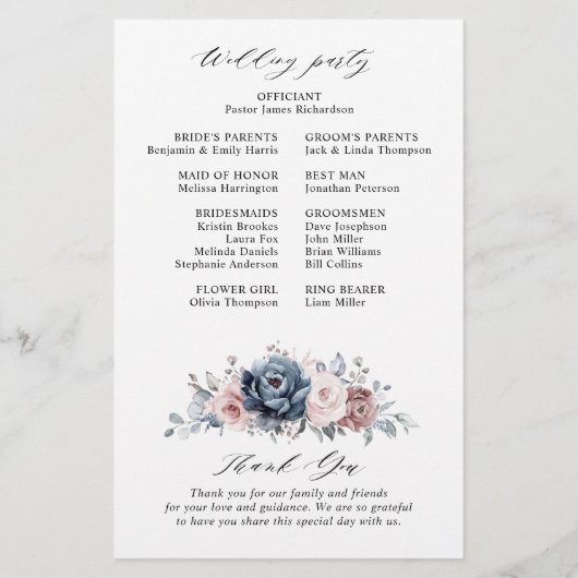 Dusty Blue Mauve Roos Pink Slate Wedding Programme (Achterkant)