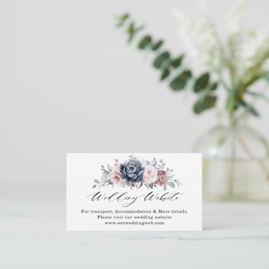 Dusty Blue Mauve Roos Pink Slate Wedding Website Informatiekaartje (Staand voorkant)