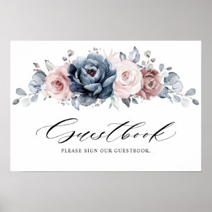 Dusty Blue Mauve Roos Roze Leeg ons guestbook Poster