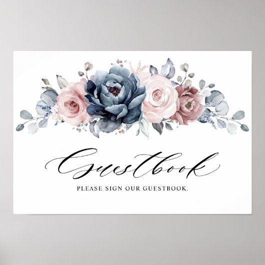 Dusty Blue Mauve Roos Roze Leeg ons guestbook Poster (Voorkant)