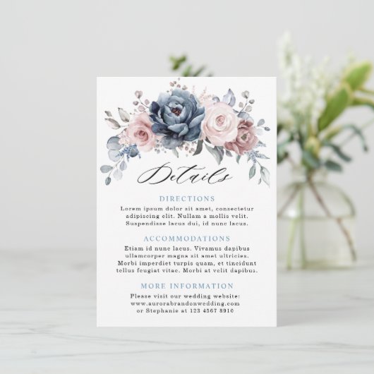 Dusty Blue Mauve Roos Roze leisteen bruiloft Detai Informatiekaartje (Staand voorkant)