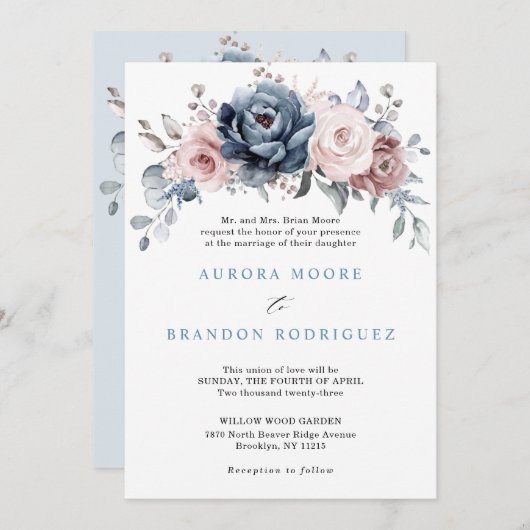 Dusty Blue Mauve Roos roze platte bloemen in Kaart (Voorkant / Achterkant)