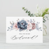 Dusty Blue Mauve Roos Slate Bridesmaids Voorstel Kaart (Staand voorkant)