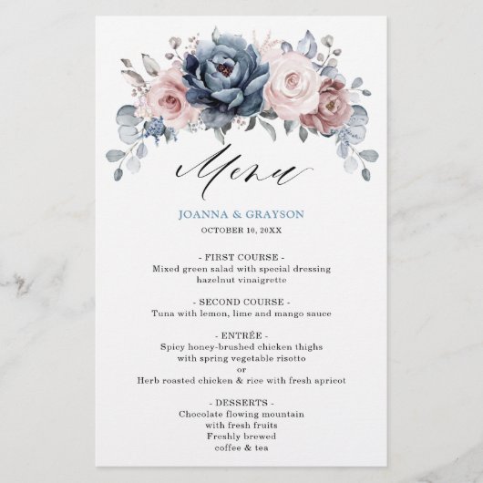 Dusty Blue Mauve Roos Slate Floral Wedding Menu (Voorkant)