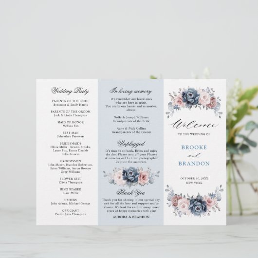 Dusty Blue Mauve Roos Wedding Tri-Fold Programme (Staand voorkant)