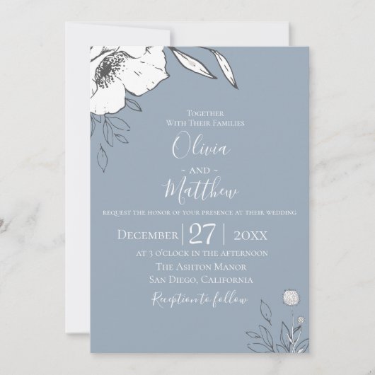 Dusty Blue Meadow Bloemen Bruiloft Uitnodiging (Voorkant)