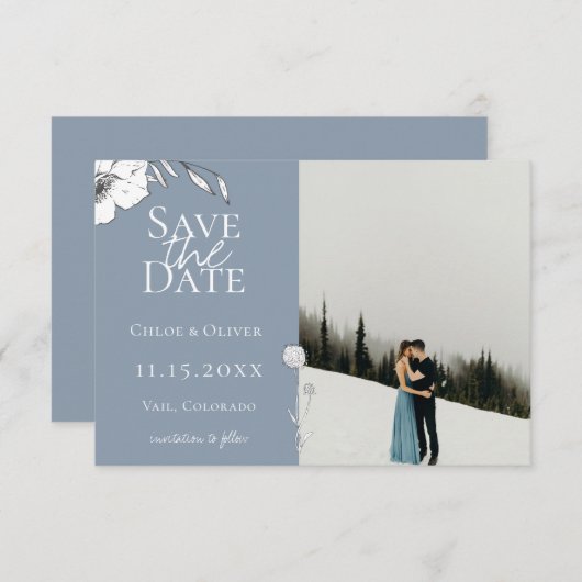 Dusty Blue Meadow Photo Save the Date Aankondiging (Voorkant / Achterkant)
