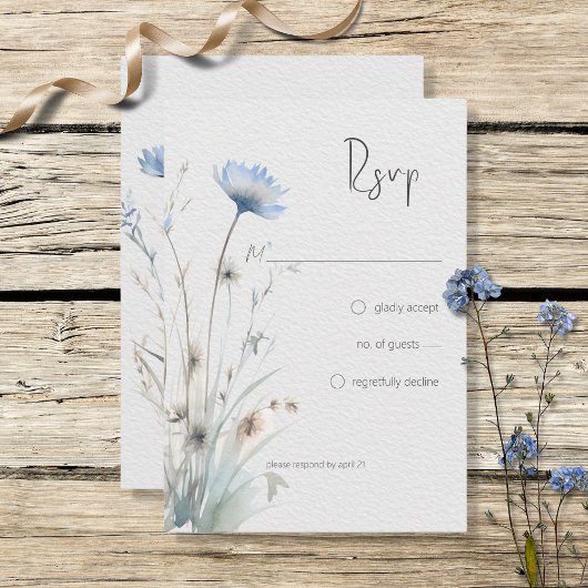 Dusty Blue Meadow Wildbloemen Modern Geen diner RSVP Kaartje