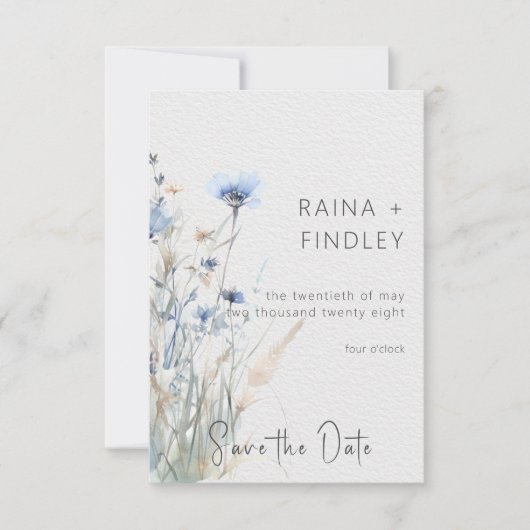 Dusty Blue Meadow Wildbloemen Moderne bruiloft Save The Date (Voorkant)