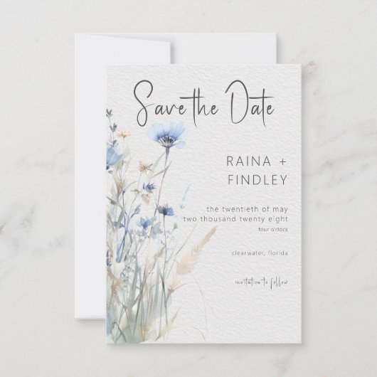 Dusty Blue Meadow Wildbloemen Moderne bruiloft Save The Date (Voorkant)