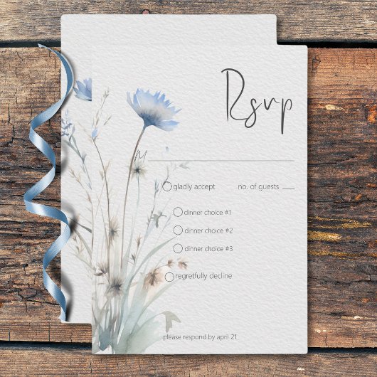Dusty Blue Meadow Wildflower Modern Drie Diner RSVP Kaartje