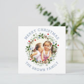 Dusty blue Merry kerst, bloemrijke foto Feestdagenkaart (Staand voorkant)