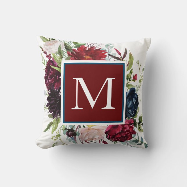 Dusty Blue met Burgundy Wine Floral Monogram Kussen (Voorkant)