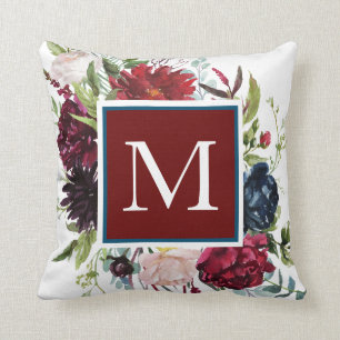 Dusty Blue met Burgundy Wine Floral Monogram Kussen