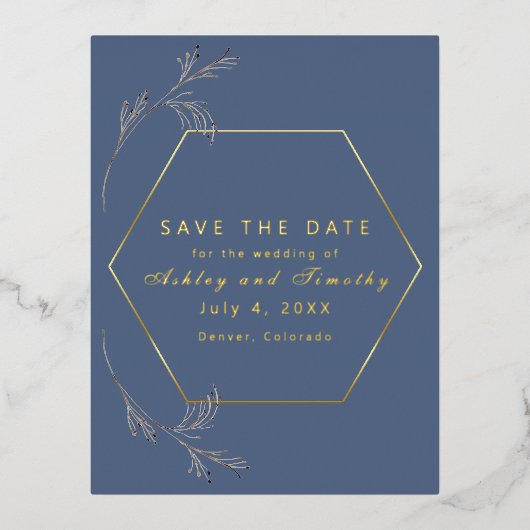 Dusty Blue met Gold Foil Save the Date Briefkaart (Voorkant)