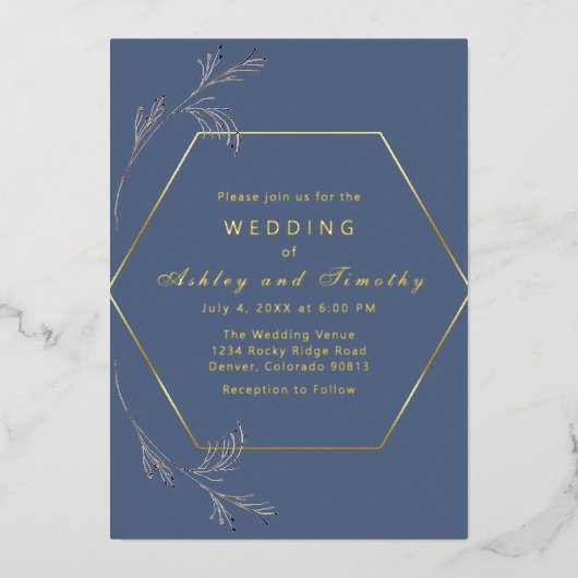 Dusty Blue met Gold Foil Wedding Invitation Folie Uitnodiging (Voorkant)