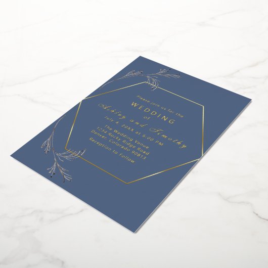 Dusty Blue met Gold Foil Wedding Invitation Folie Uitnodiging (Gedraaid)