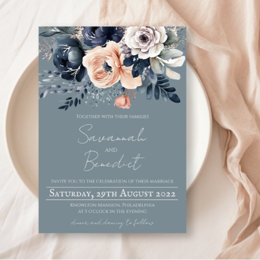 Dusty Blue met Perzik en Navy Waterverf Floral Kaart