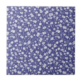 Dusty Blue met White Flowers Print Tile Tegeltje