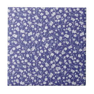 Dusty Blue met White Flowers Print Tile Tegeltje
