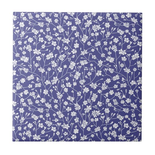 Dusty Blue met White Flowers Print Tile Tegeltje (Voorkant)