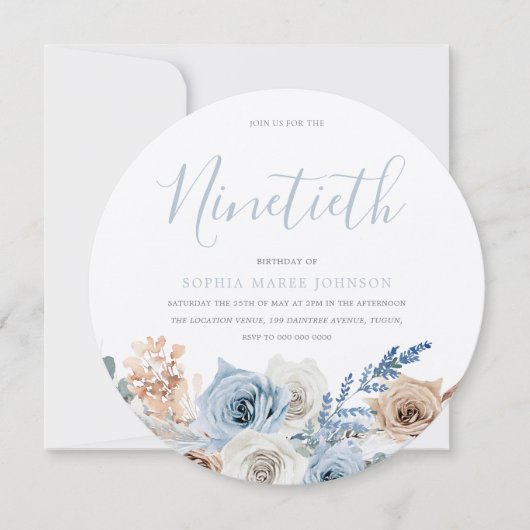 Dusty Blue Metallic Silver Boho 90th Birthday Kaart (Voorkant)