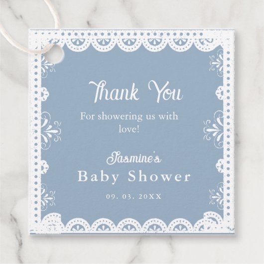 Dusty Blue mexican boy baby shower papel picado Bedankjes Labels (Voorkant)