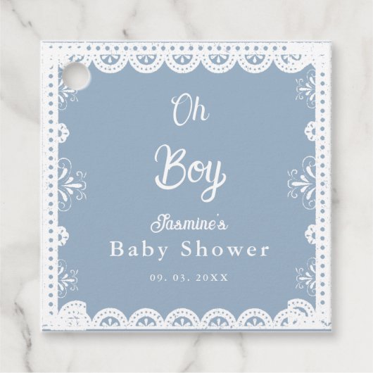 Dusty Blue mexican boy baby shower papel picado Bedankjes Labels (Voorkant)