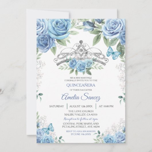 Dusty Blue Mexican Girl Mis XV Anos Invitation Kaart (Voorkant)