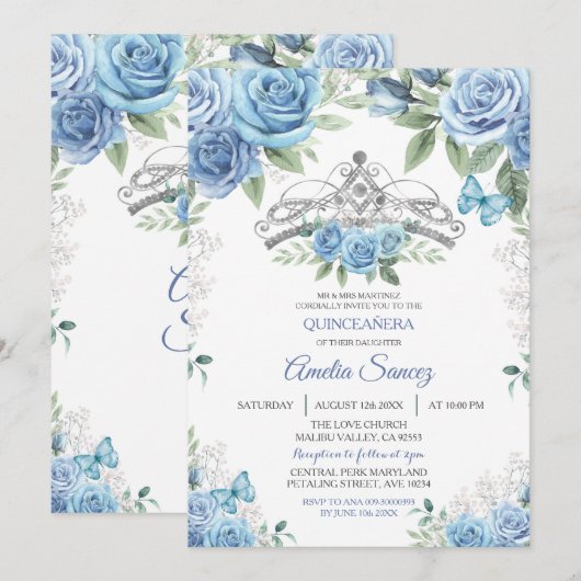 Dusty Blue Mexican Girl Mis XV Anos Invitation Kaart (Voorkant / Achterkant)